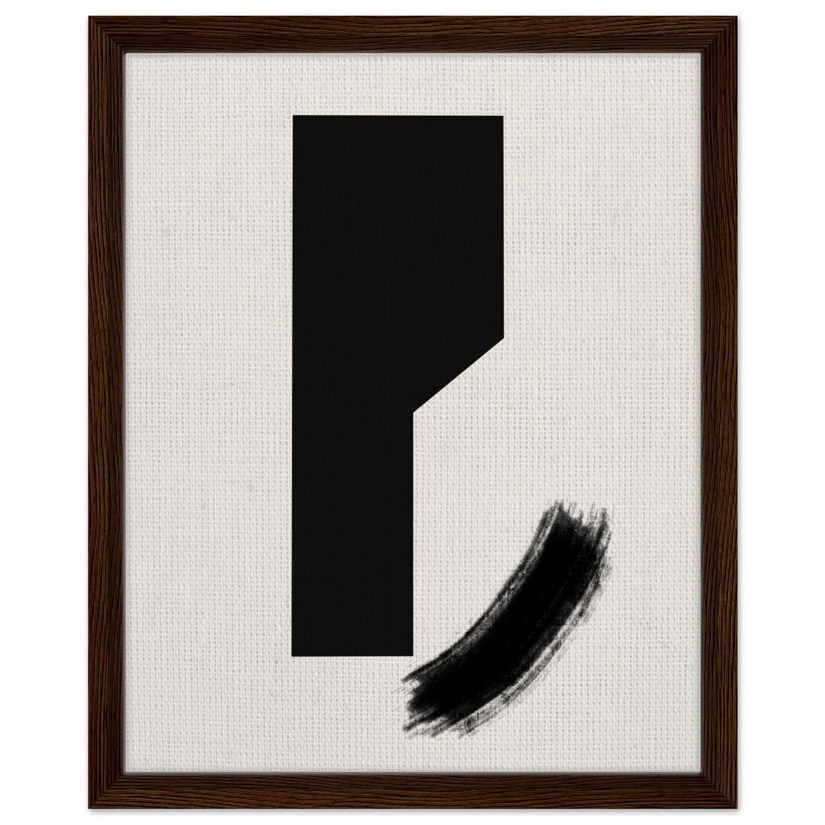 Bold black abstract artwork with geometric form and sweeping brushstroke