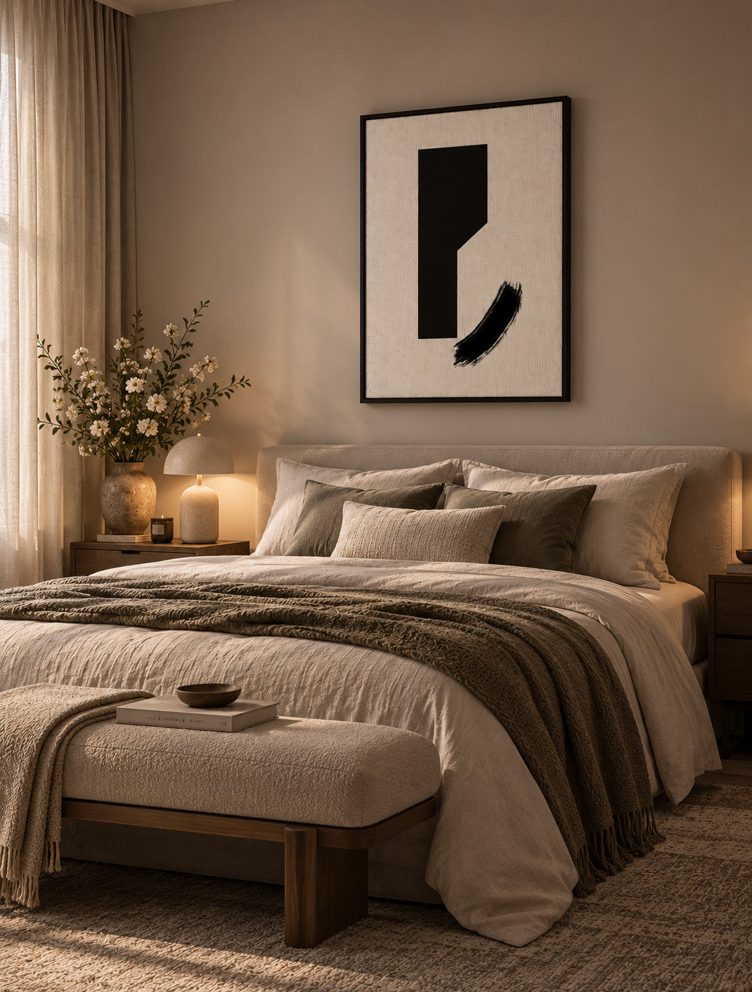 Bold minimalist black artwork displayed above bed in a warm neutral bedroom