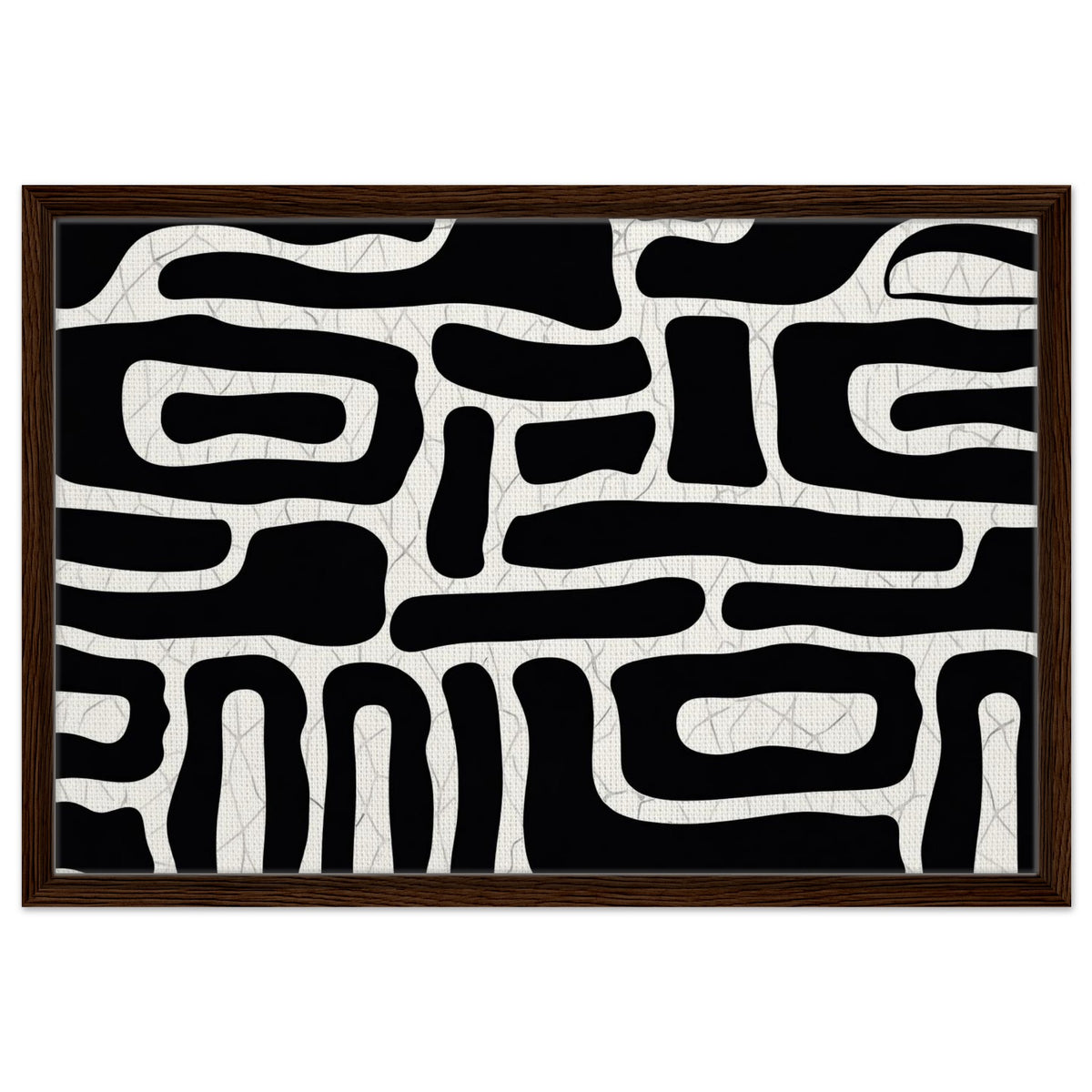 Bold monochrome wall art with interconnected organic shapes in natural wood frame