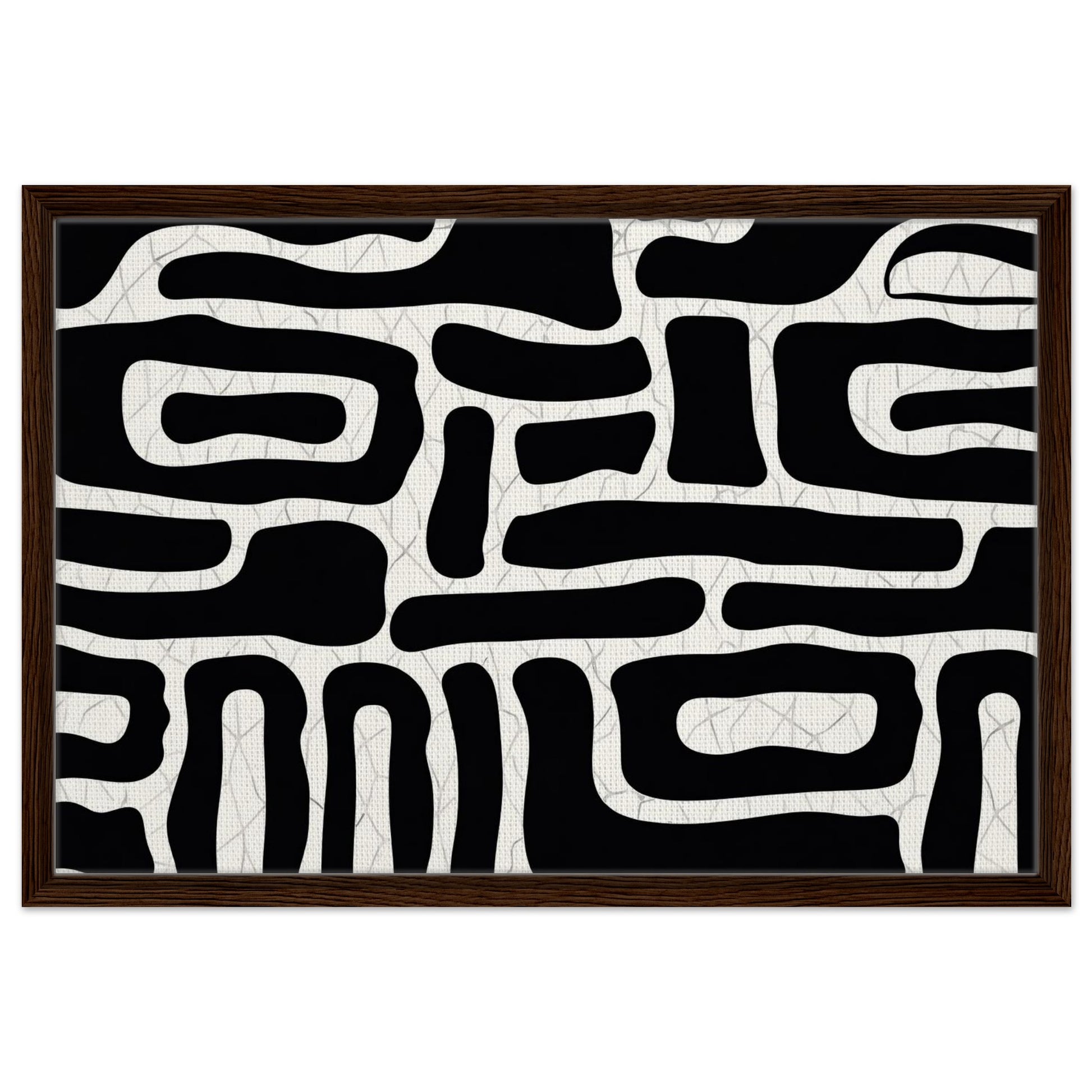Bold monochrome wall art with interconnected organic shapes in natural wood frame