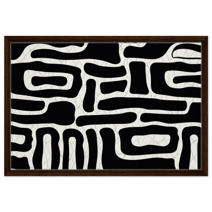 Bold monochrome wall art with interconnected organic shapes in natural wood frame