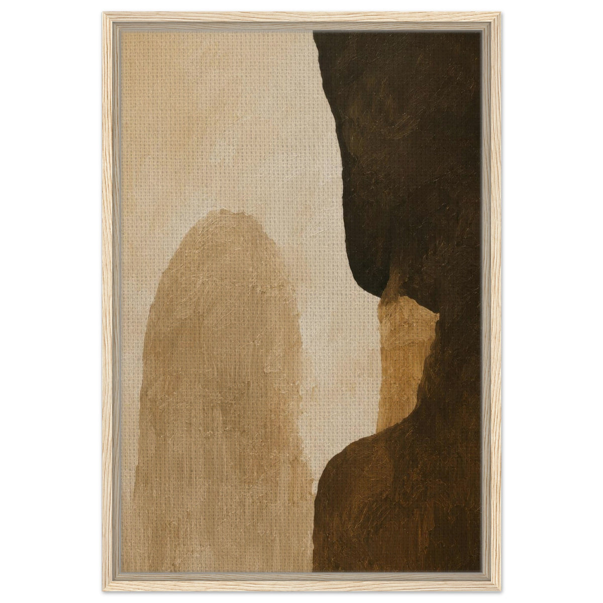Bold organic abstract art in warm beige and dark brown with natural wood frame