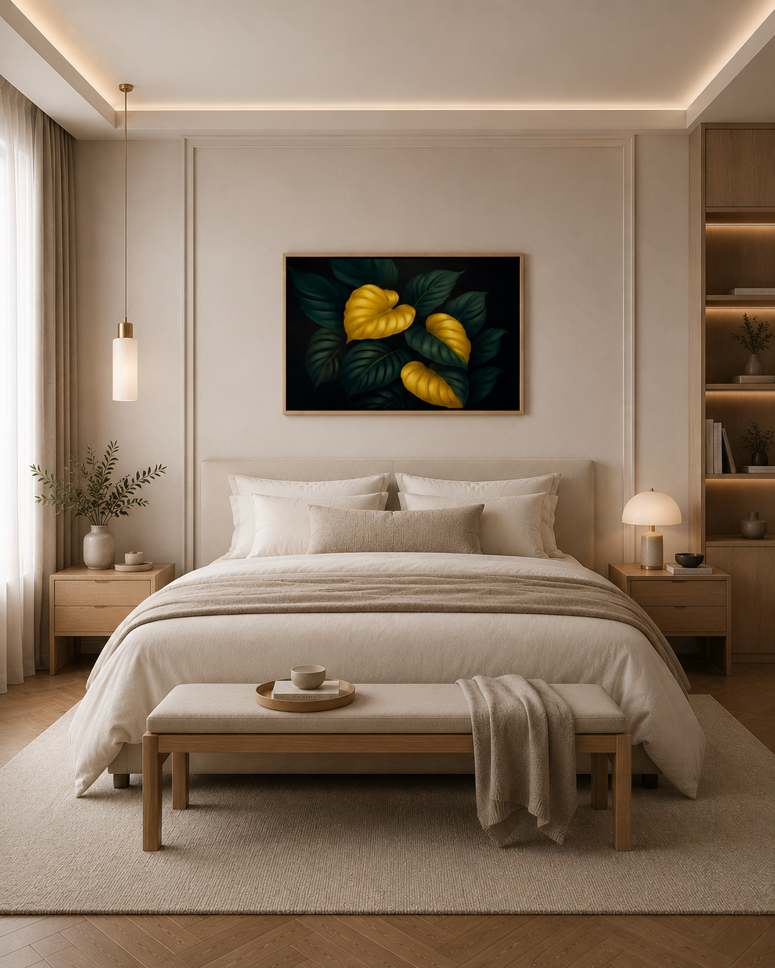 Elegant bedroom mockup featuring dark botanical leaf artwork above bed in a warm modern interior with built-in shelves.