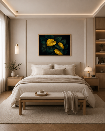 Lumina Leaves framed wall art above the bed in a warm modern bedroom with built-in shelves