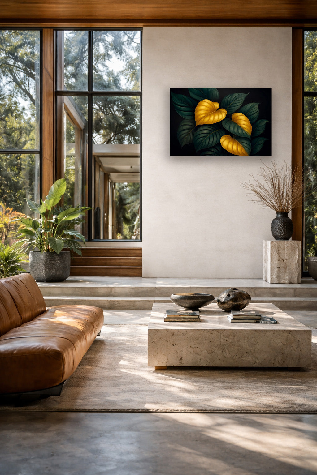 Bright modern living room mockup featuring botanical wall art with golden leaves in a sunlit interior with large windows and neutral decor.