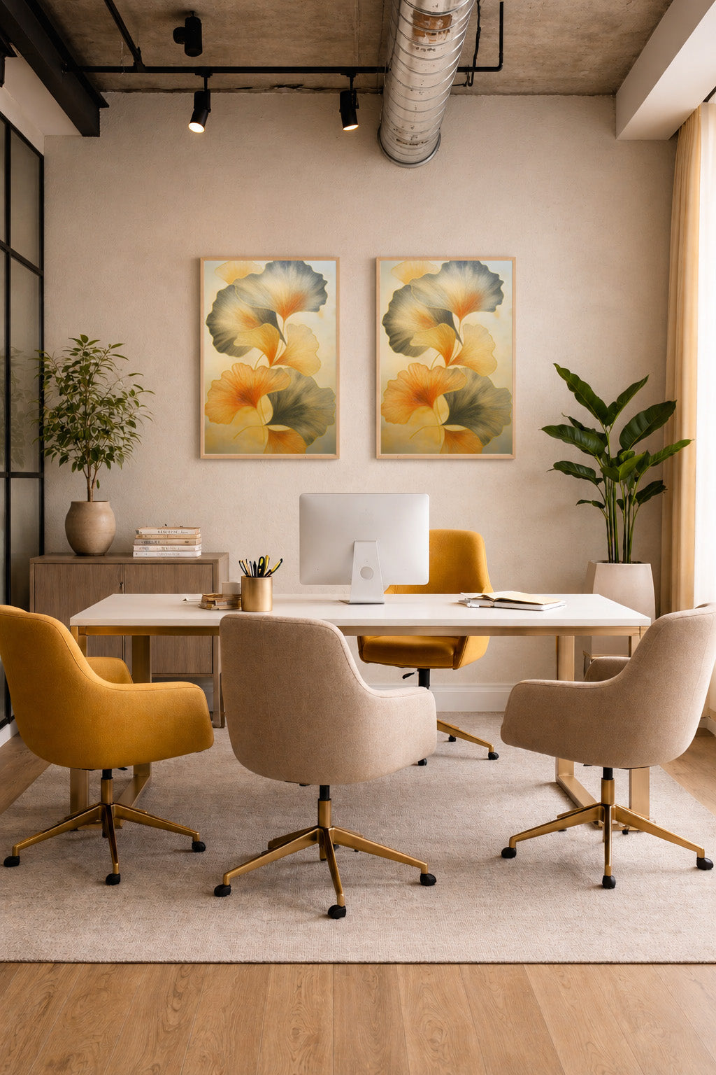 Modern home office with two botanical floral prints in white wooden frames, beige swivel chairs, indoor plants, and Scandinavian-inspired decor.