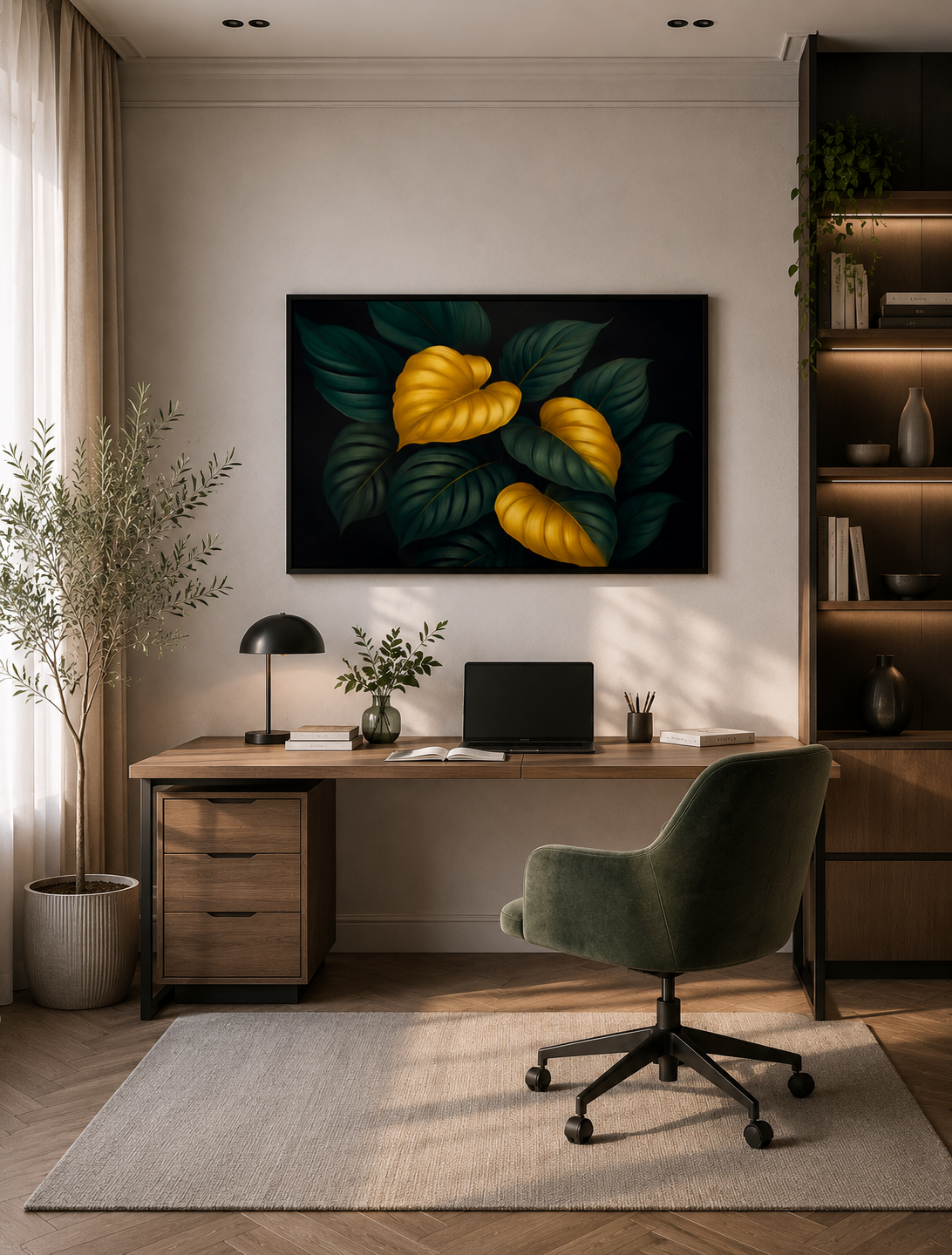 Modern home office mockup with framed botanical leaf wall art above wooden desk in a bright minimalist workspace.