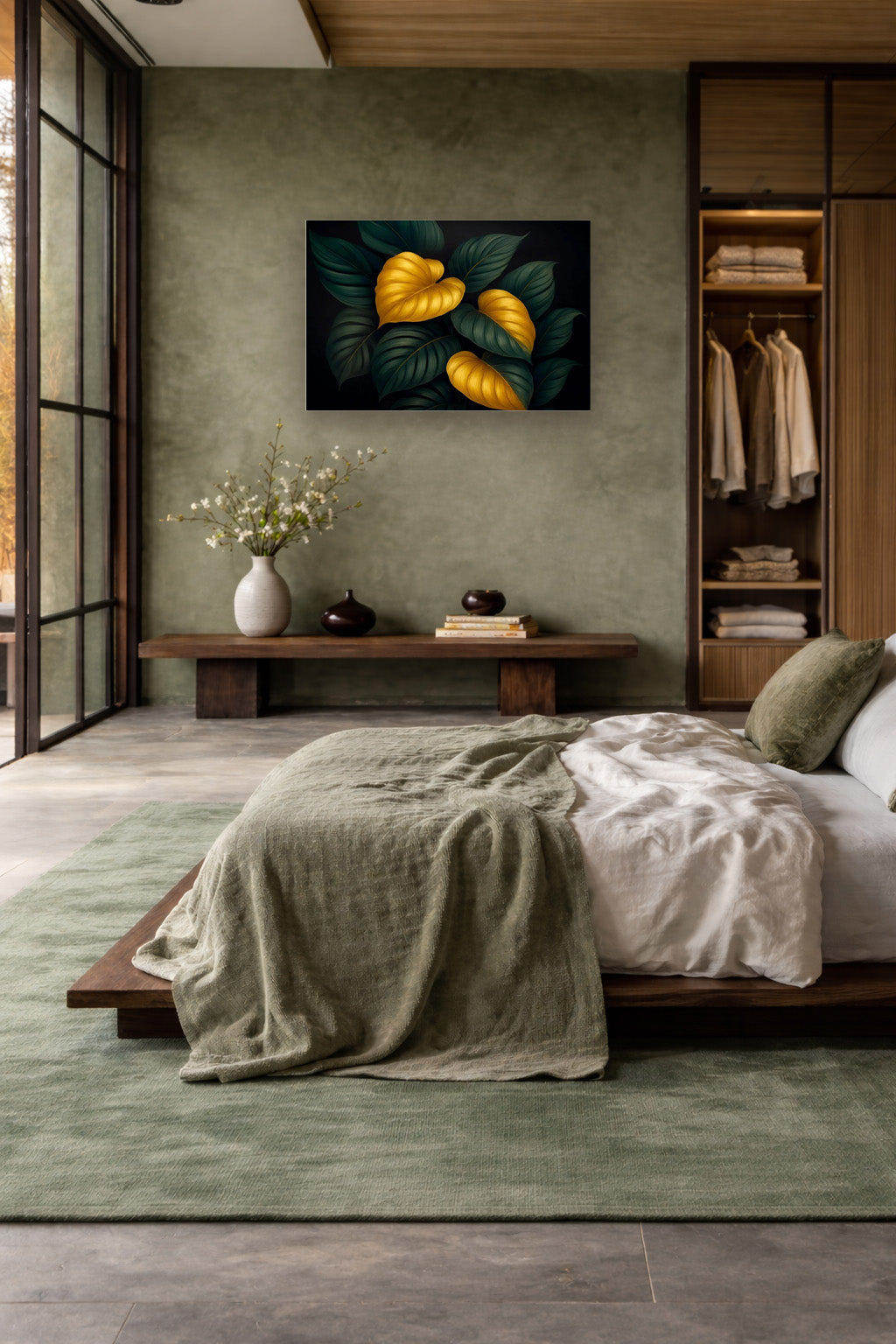 Modern bedroom mockup with dark botanical leaf wall art above bed in a warm interior with natural textures and wood accents.