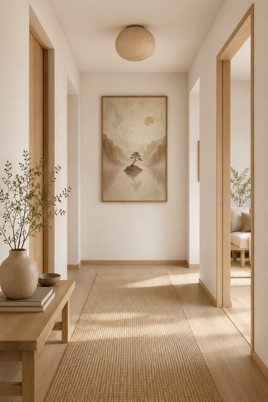 Japanese-inspired landscape print displayed at the end of a bright Japandi hallway with natural wood details.