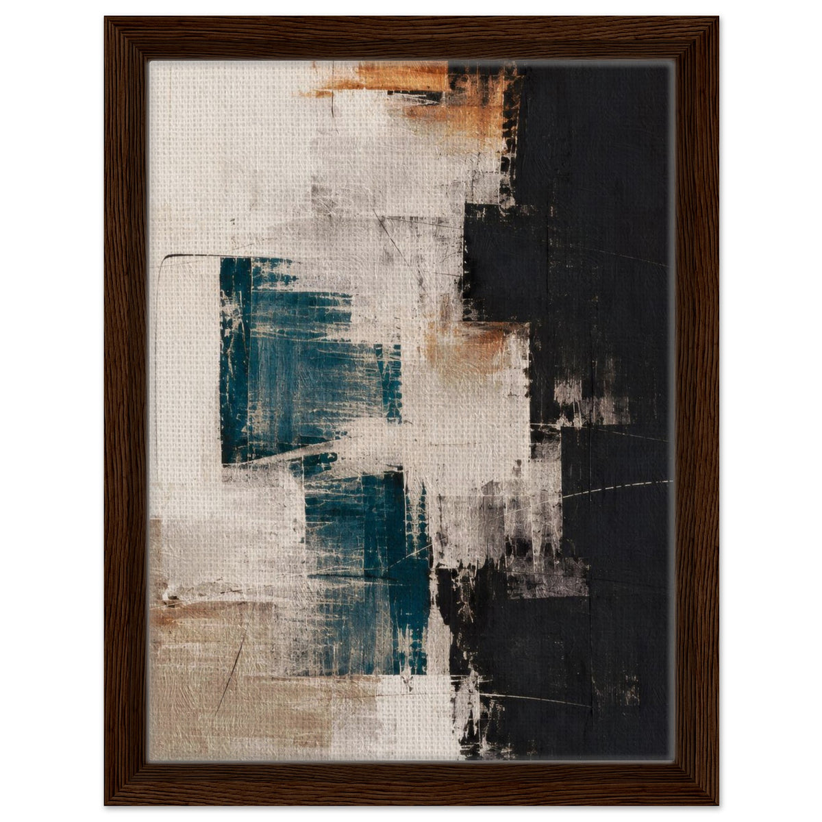 Abstract canvas with layered teal and cream brushwork, a black right-hand section and a brown frame.
