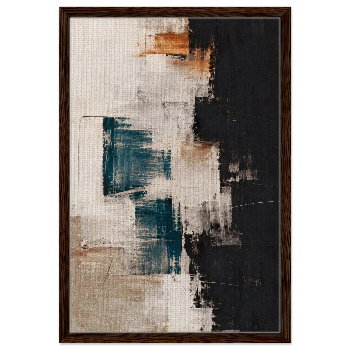 Brown-framed abstract canvas featuring cream brushstrokes over teal, beige and black areas.