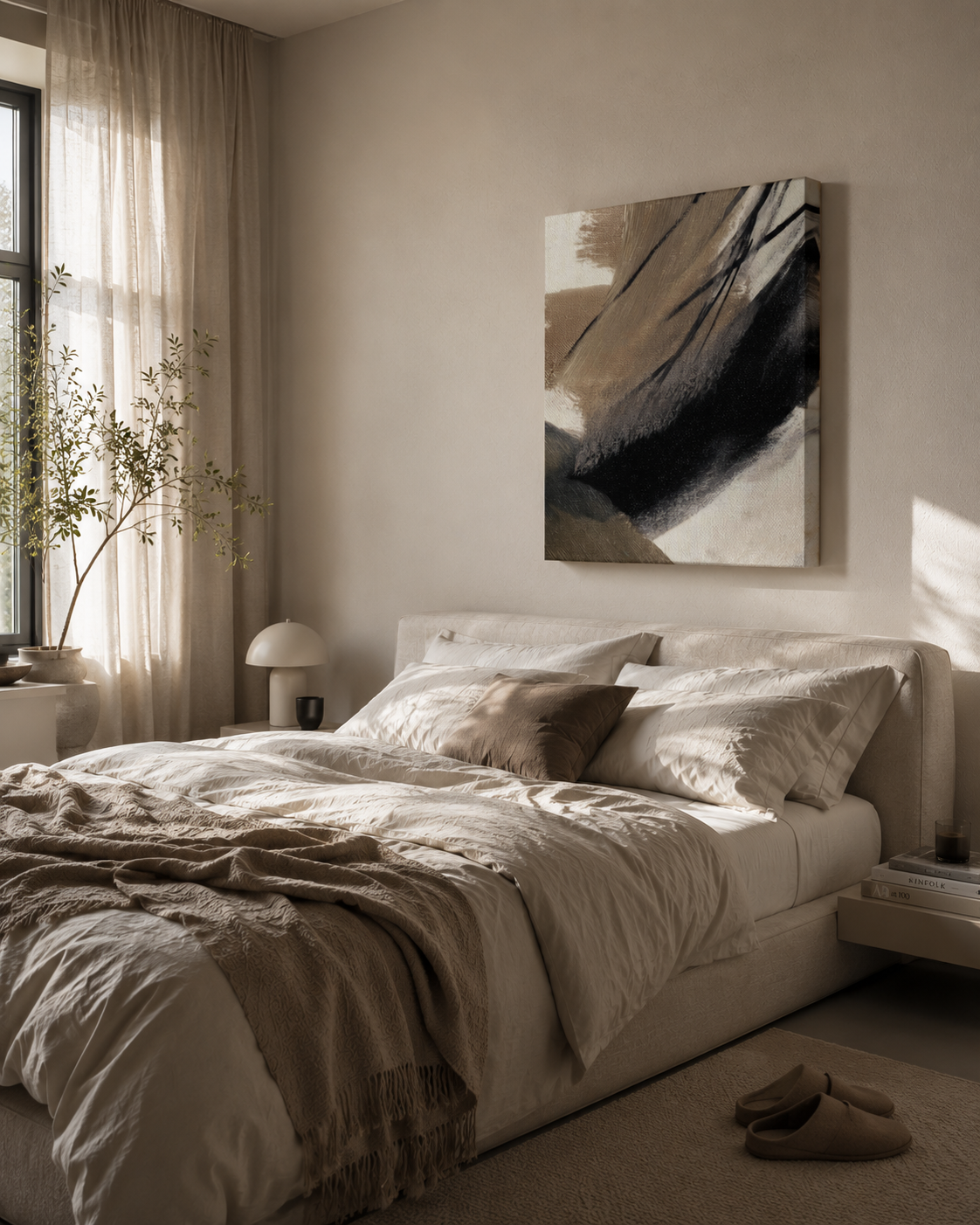 Brush Rhythm canvas wall art above a modern minimalist bed