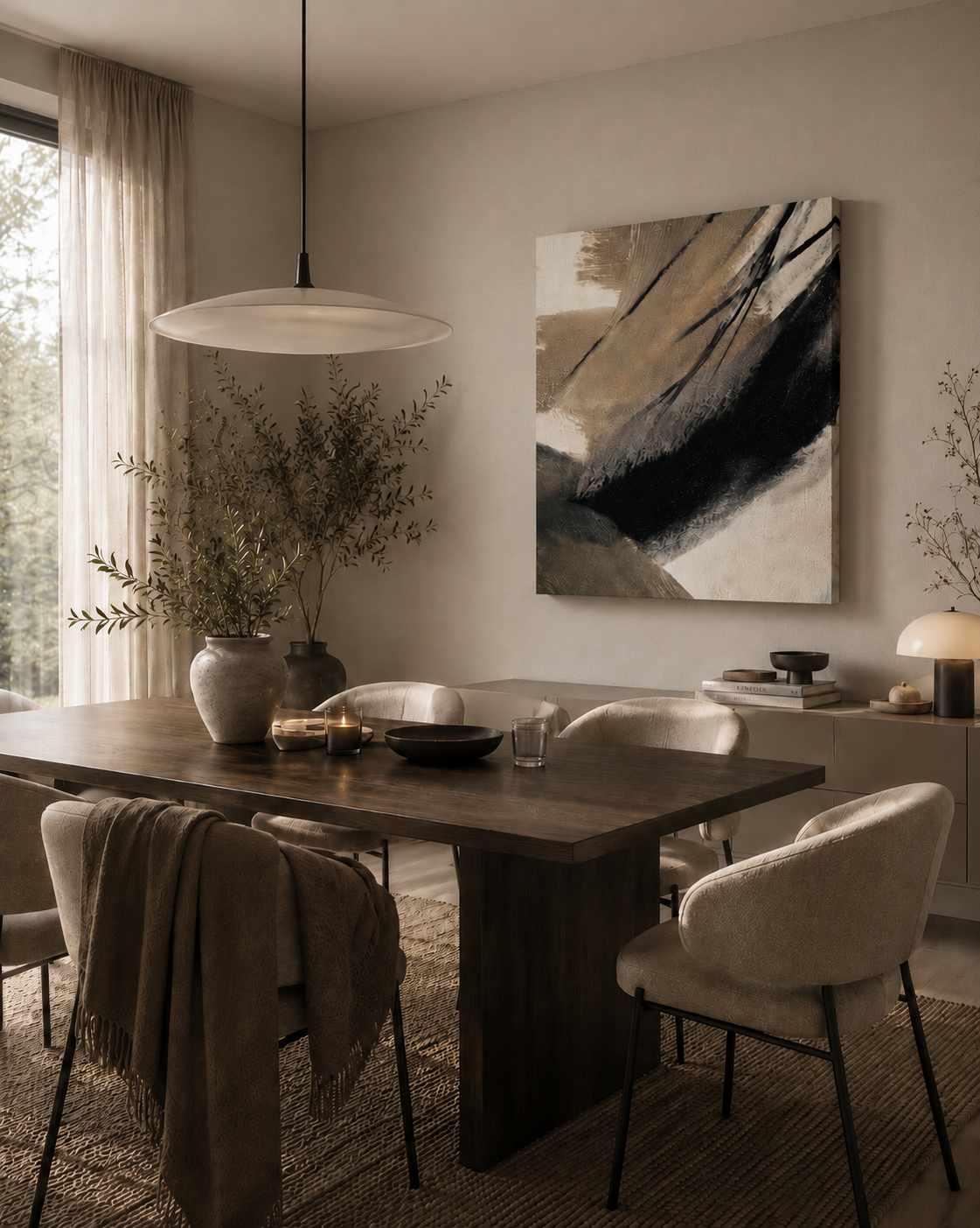 Brush Rhythm canvas wall art in a stylish minimalist dining room
