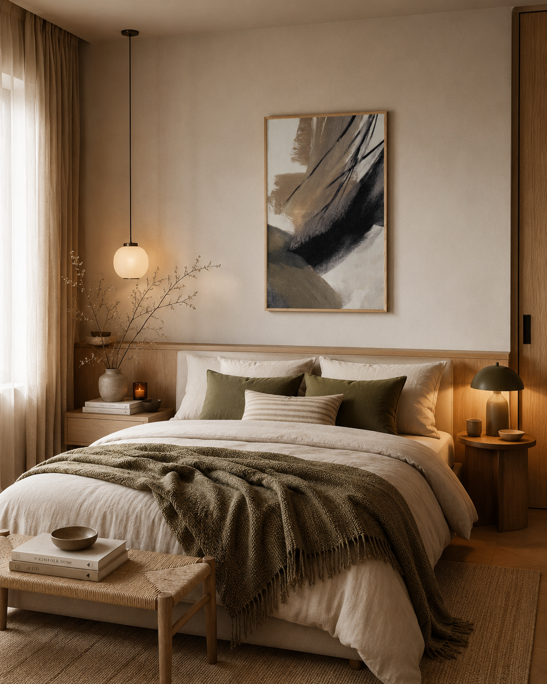 Brush Rhythm framed wall art above a bed in a minimalist bedroom