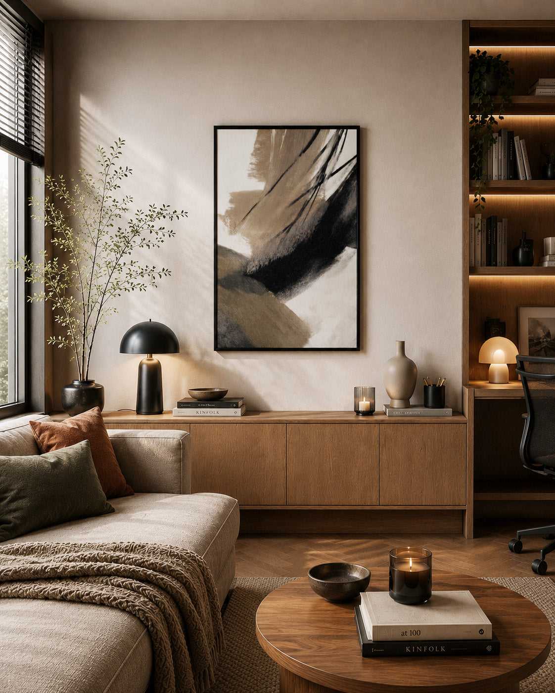 Brush Rhythm framed wall art in a Scandinavian living room above a light wood sideboard