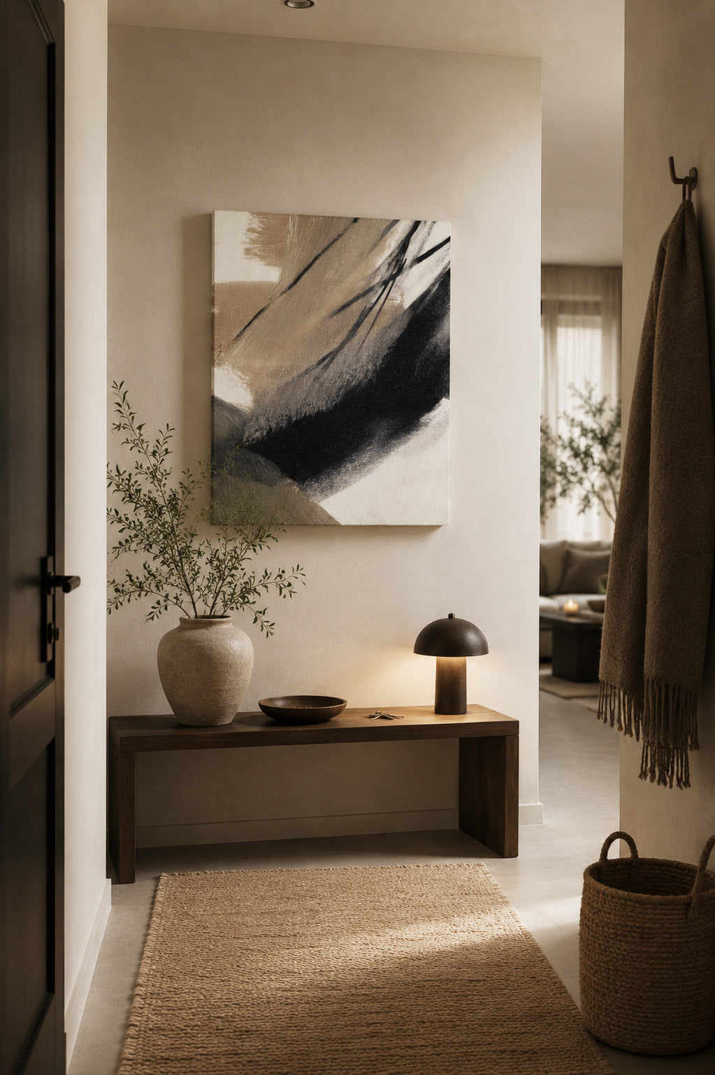 Brush Rhythm canvas wall art in a warm minimalist hallway