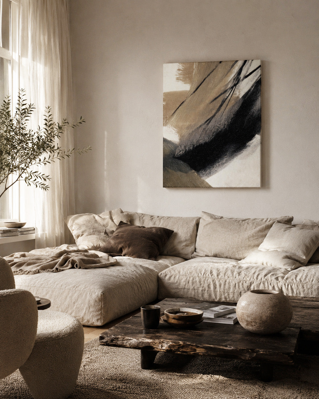 Brush Rhythm canvas wall art in a cozy contemporary living room