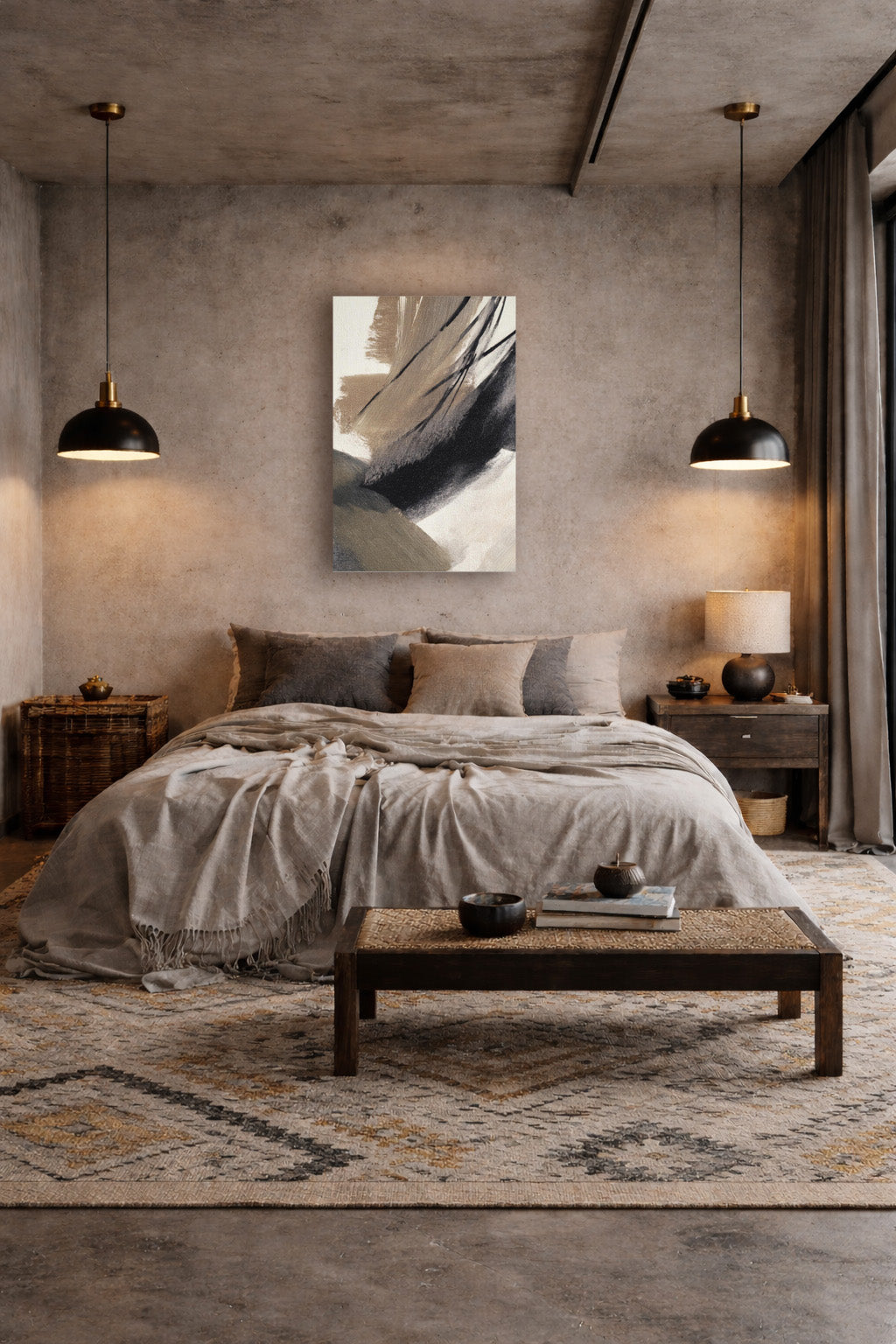 Brush Rhythm Japandi abstract poster displayed above a contemporary bed.