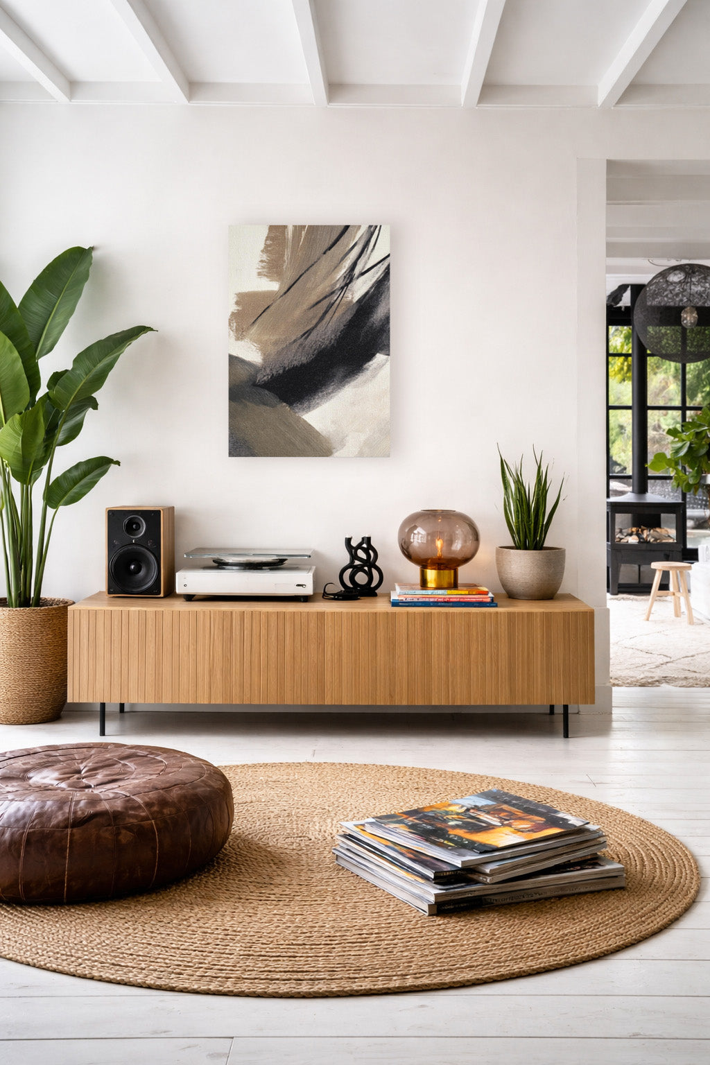 Brush Rhythm Japandi abstract poster styled in a modern Scandinavian living room.