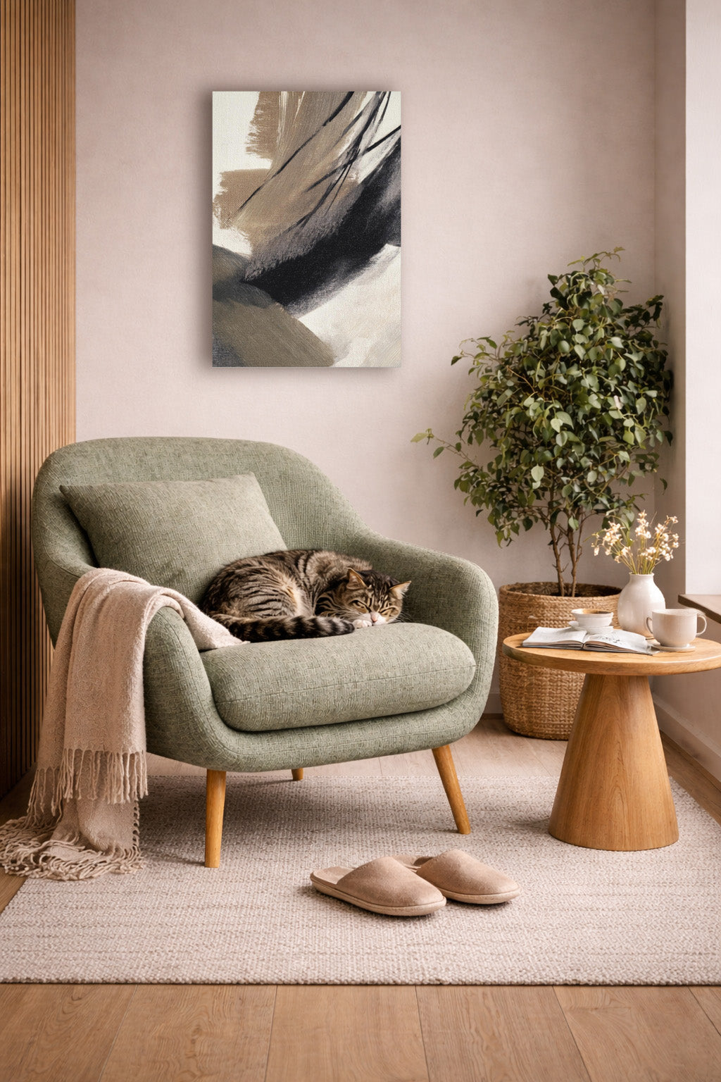 Brush Rhythm abstract wall art poster displayed in a cozy modern reading nook.