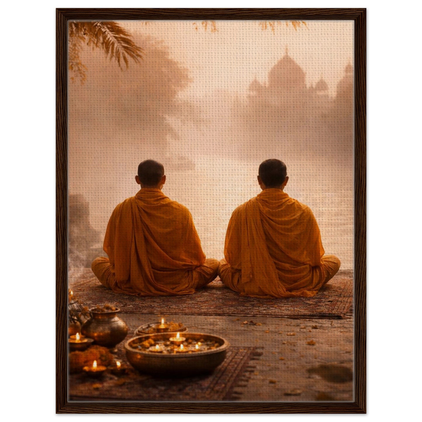 Buddhist meditation canvas print in warm orange and neutral tones