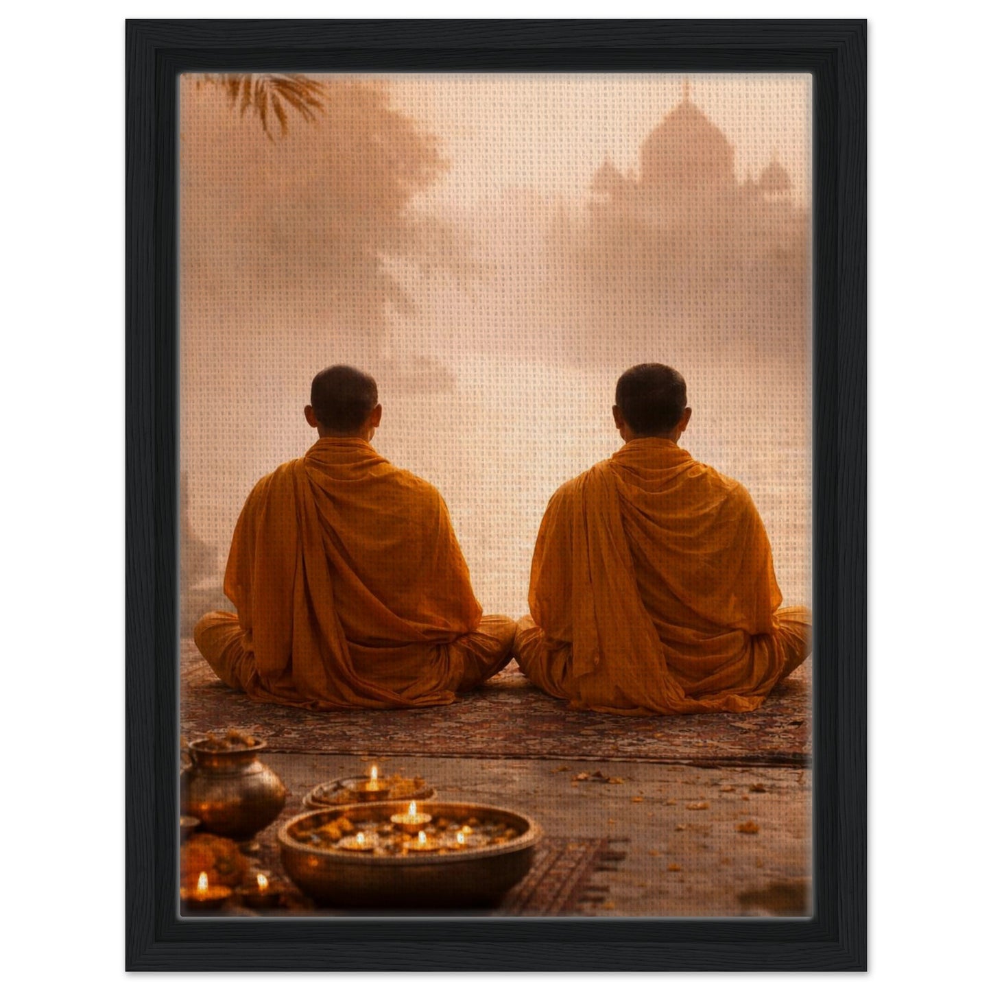 Buddhist monks meditation canvas with black wood frame