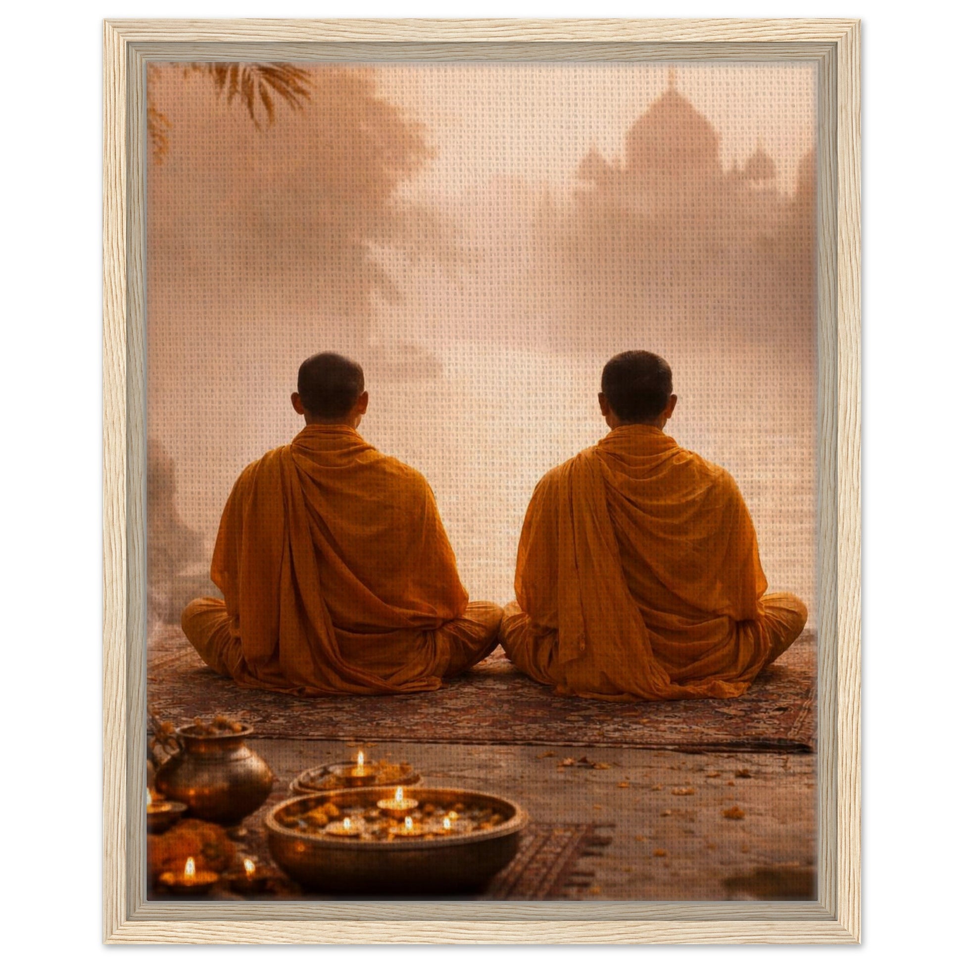 Buddhist monks meditation canvas with light natural wood frame