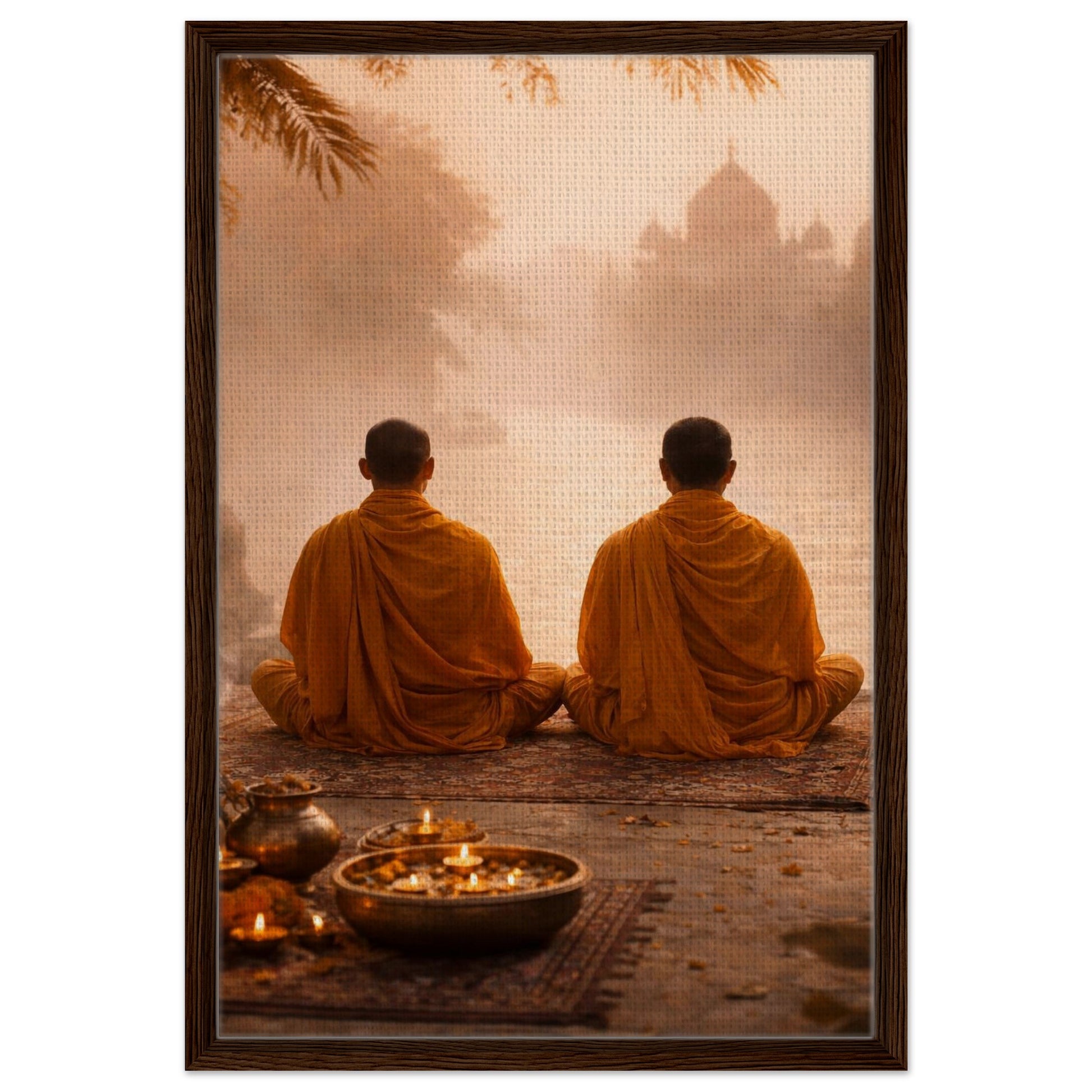 Buddhist monks meditation wall art in a dark brown wood frame