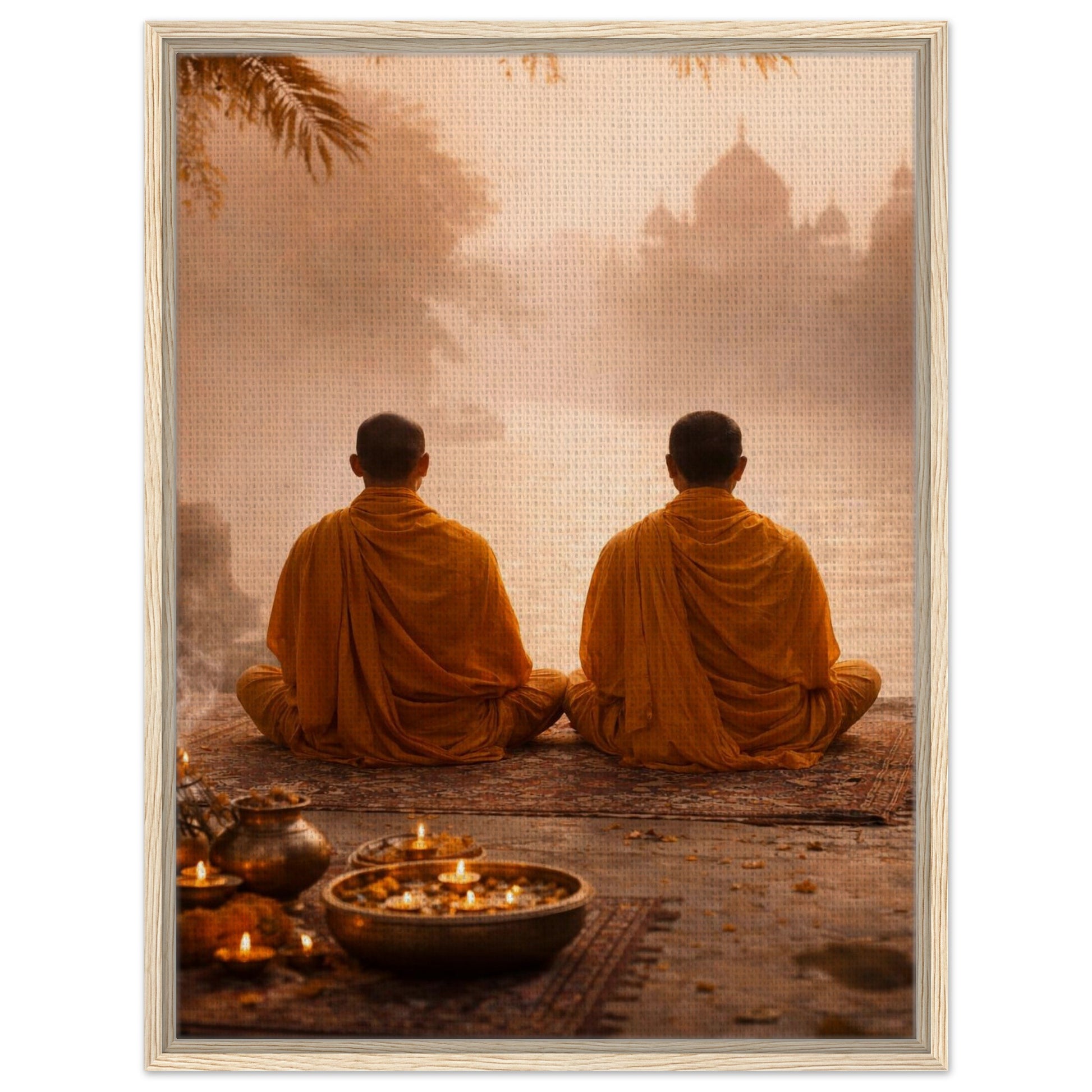 Buddhist monks meditation wall art on framed canvas in warm neutral tones