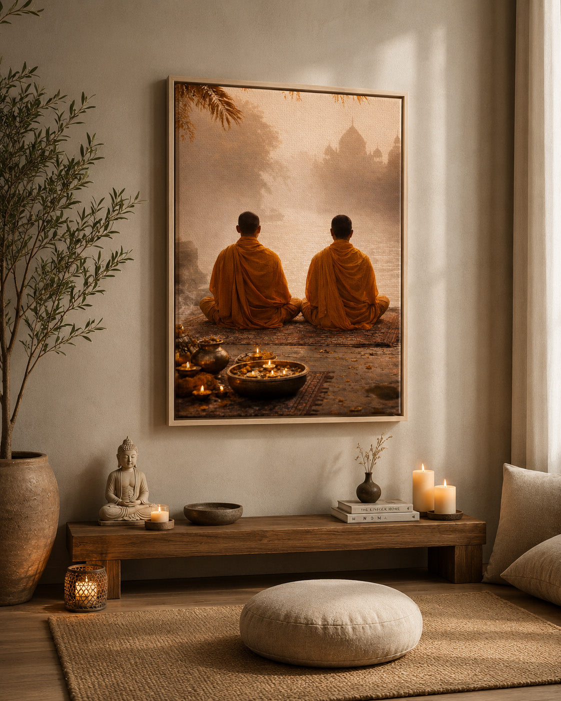 Buddhist monks framed canvas wall art styled in a warm minimalist living room