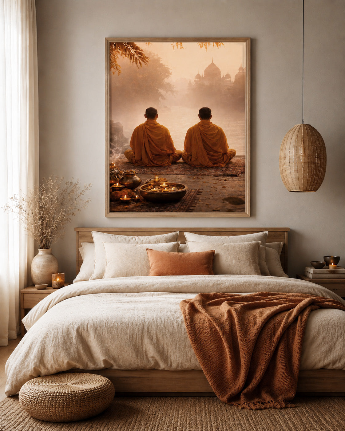 Buddhist monks meditation wall art above a bed in a warm modern bedroom
