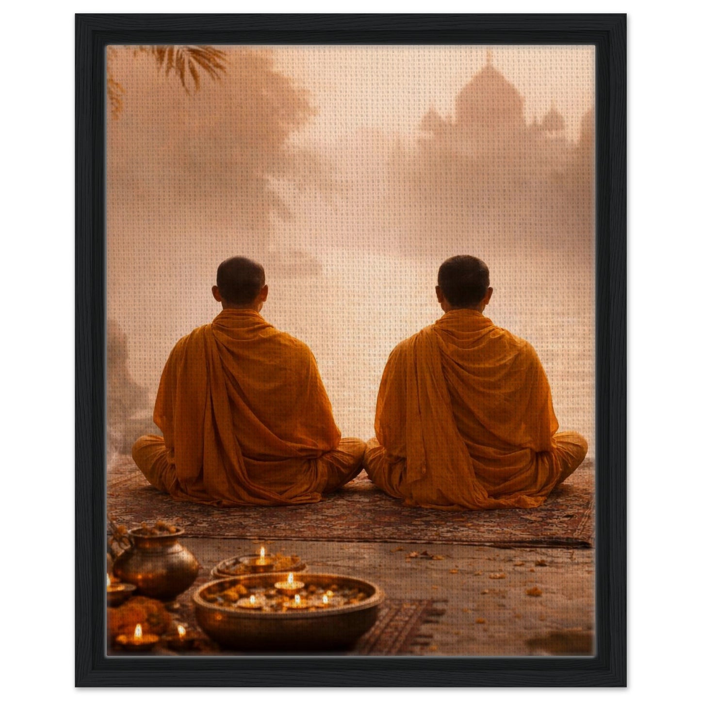 Buddhist monks meditation wall art with dark wood frame