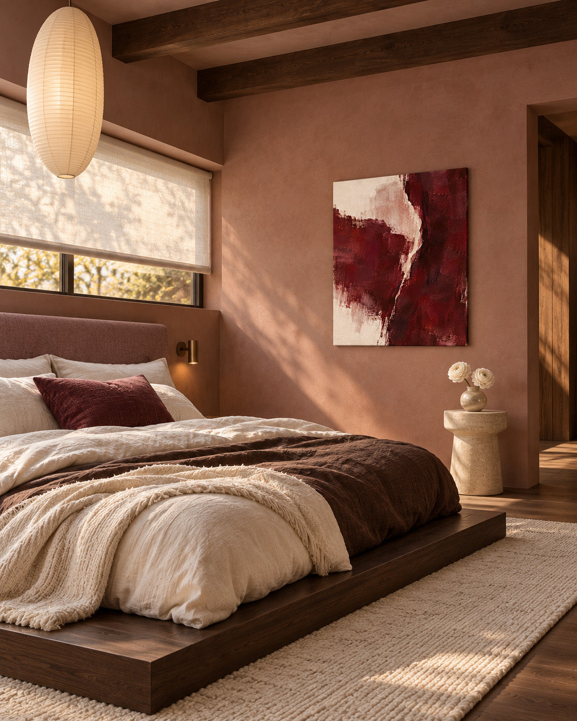 Burgundy Gesture abstract canvas above a wooden platform bed with cream bedding and a burgundy throw