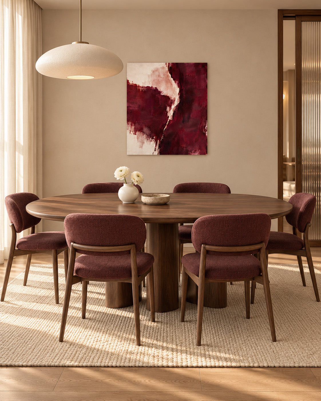 Burgundy Gesture abstract canvas above a wooden dining table with burgundy upholstered chairs