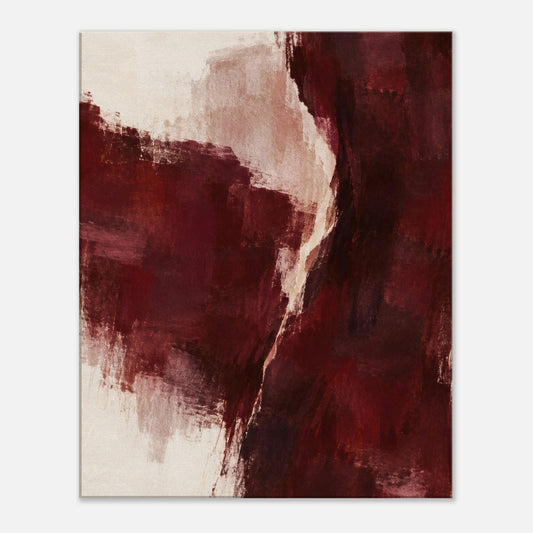 Burgundy Gesture abstract canvas with deep burgundy forms divided by a curved cream and pale pink band, front view