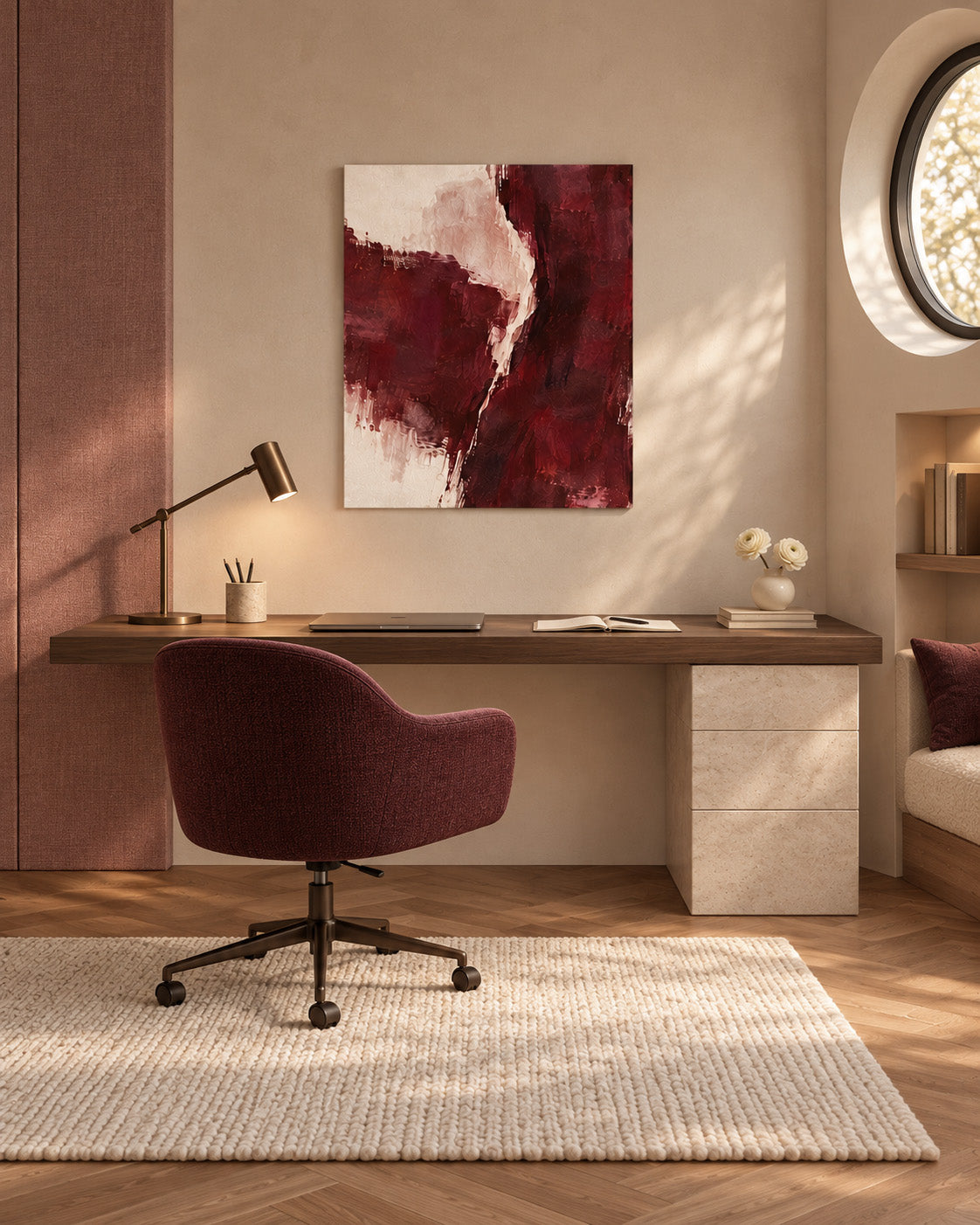 Burgundy Gesture abstract canvas above a wooden desk with a burgundy swivel chair in a home office