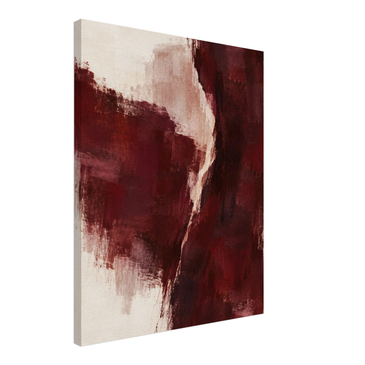 Angled view of Burgundy Gesture burgundy abstract canvas showing the wrapped edge