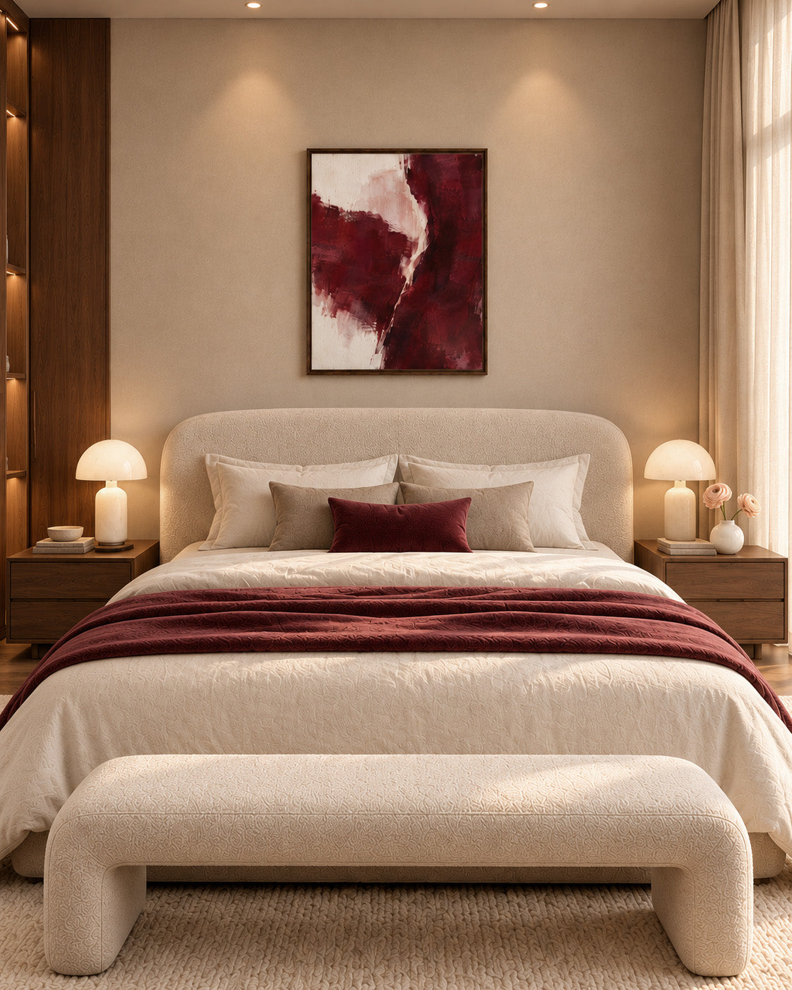 Burgundy Gesture framed abstract canvas above a cream upholstered bed with a burgundy throw