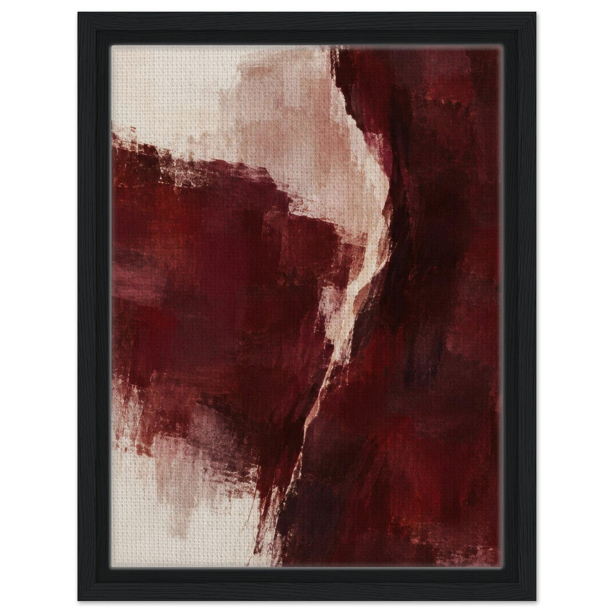 Front view of Burgundy Gesture burgundy and cream abstract canvas in a black floating frame