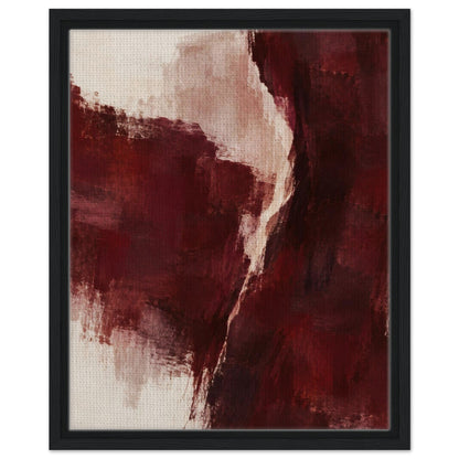Burgundy Gesture abstract canvas with burgundy forms and a curved pale band in a black frame