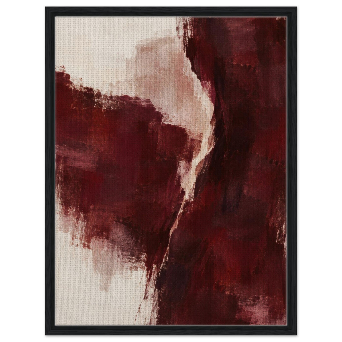Burgundy Gesture burgundy abstract framed canvas with a black border, front view
