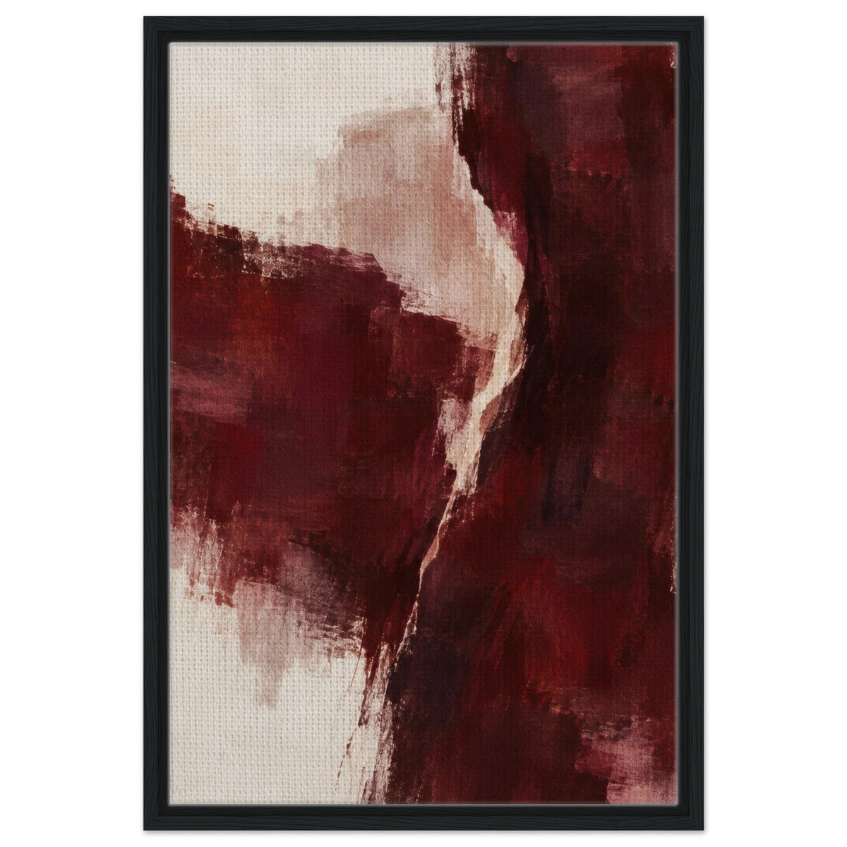 Burgundy Gesture burgundy and cream abstract canvas in a black floating frame, front view