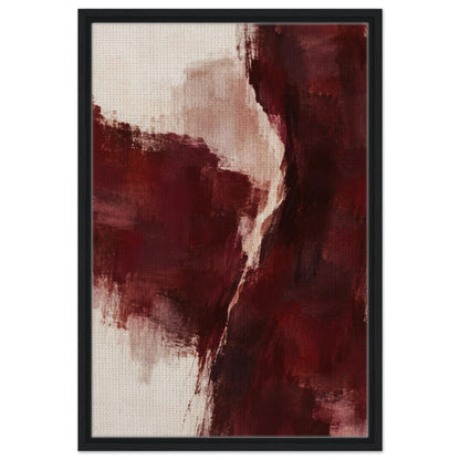 Burgundy Gesture burgundy and cream abstract canvas in a black floating frame, front view