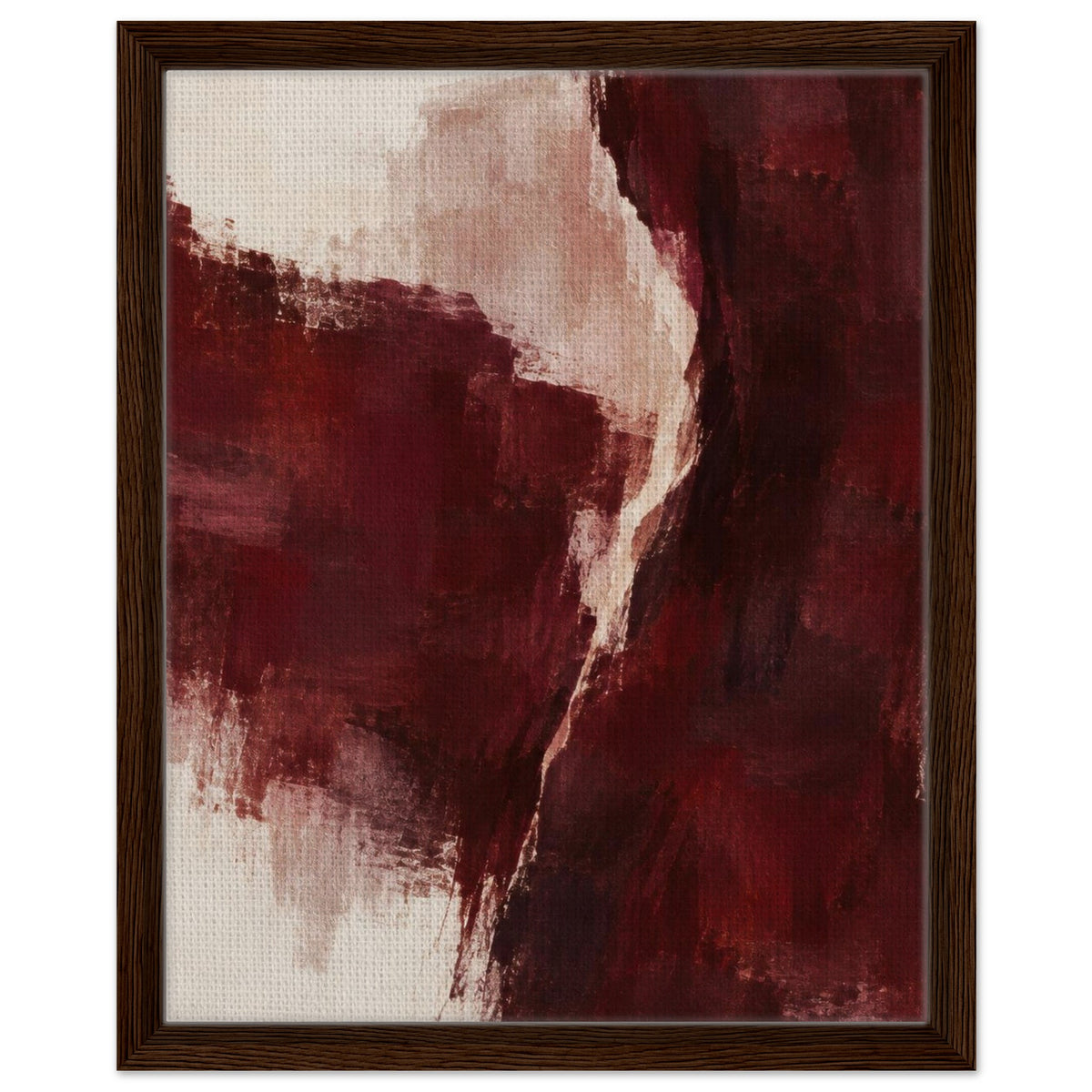 Front view of Burgundy Gesture burgundy and cream abstract canvas in a dark wood floating frame