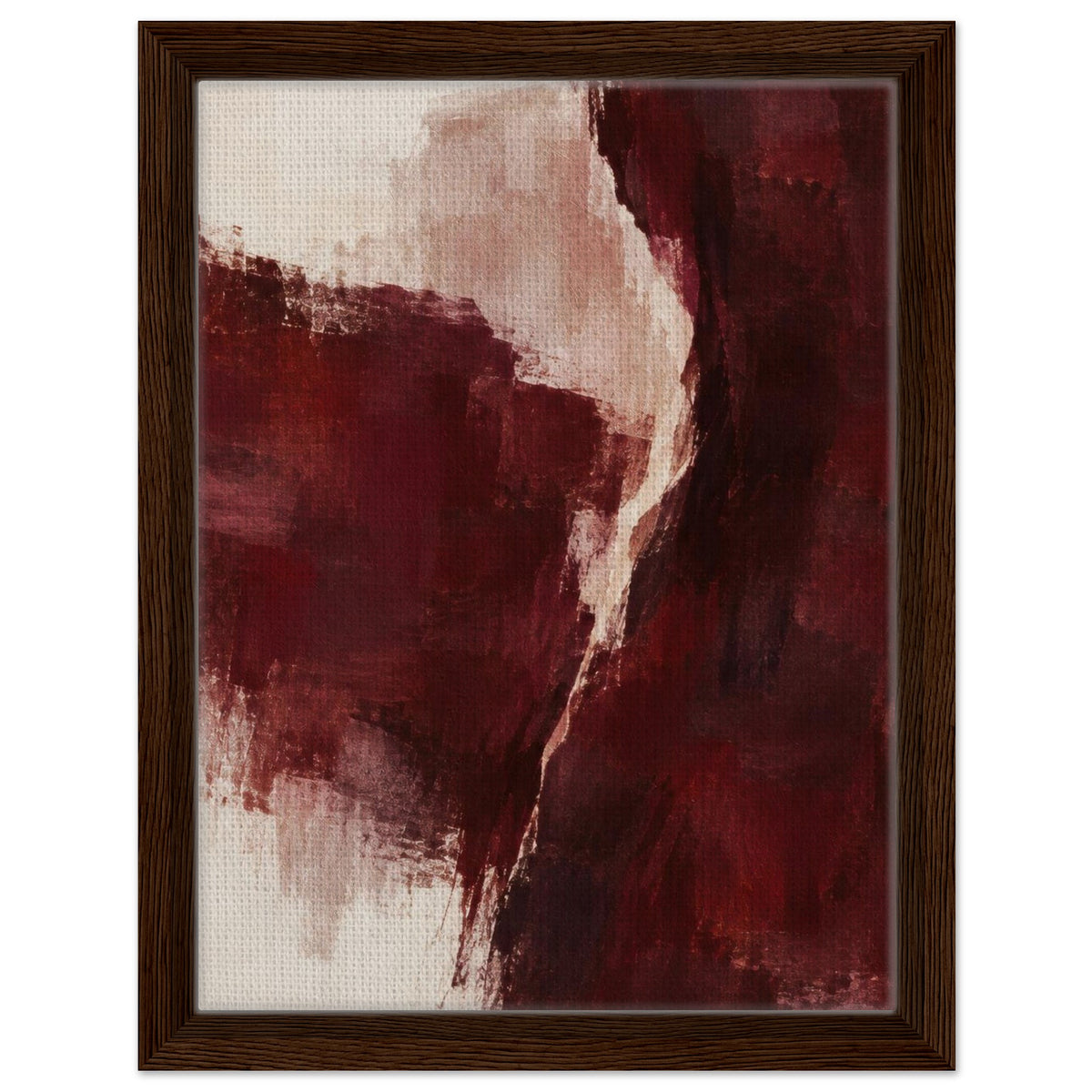 Burgundy Gesture abstract canvas with burgundy forms and a curved pale band in a dark wood frame