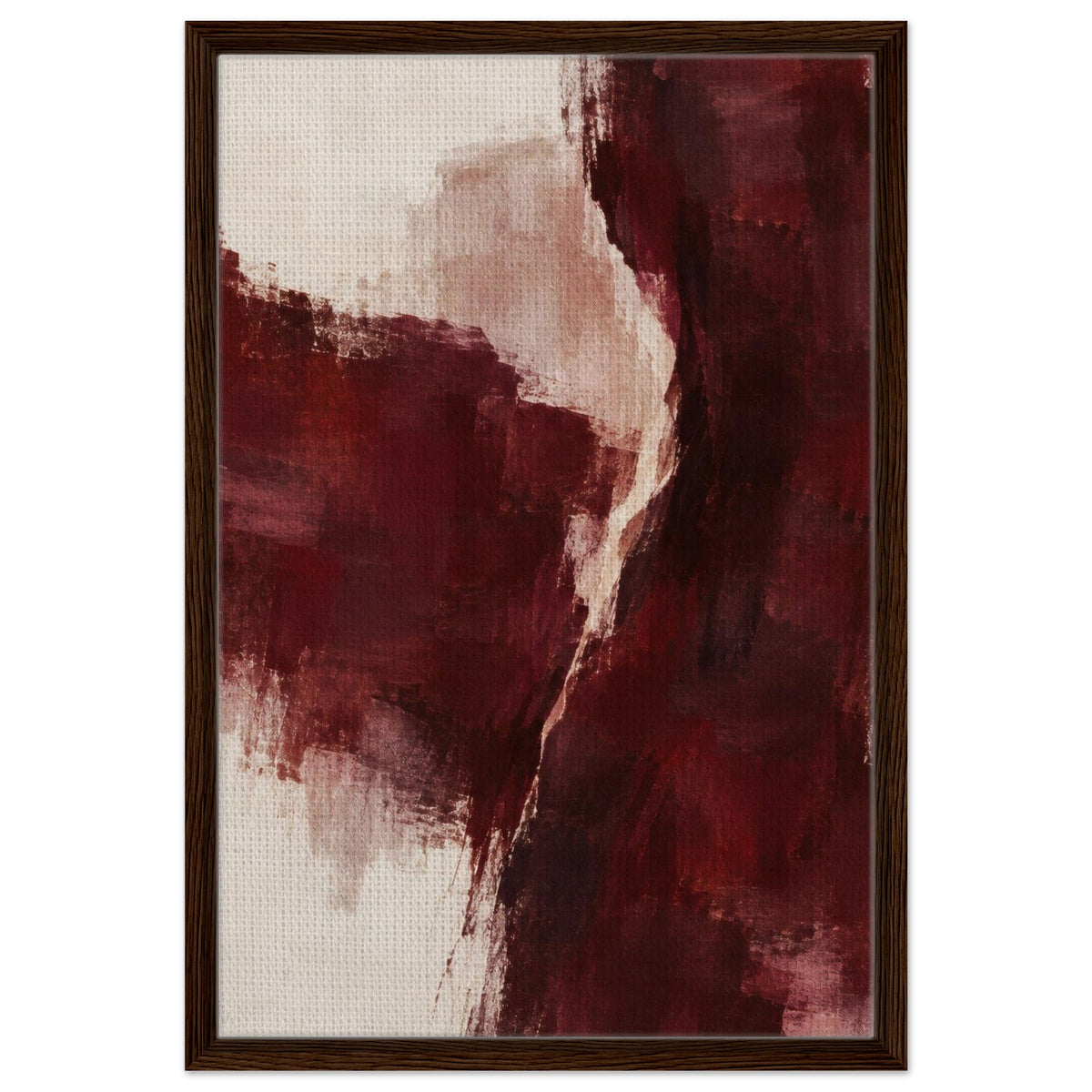 Burgundy Gesture burgundy abstract framed canvas with a dark wood border, front view