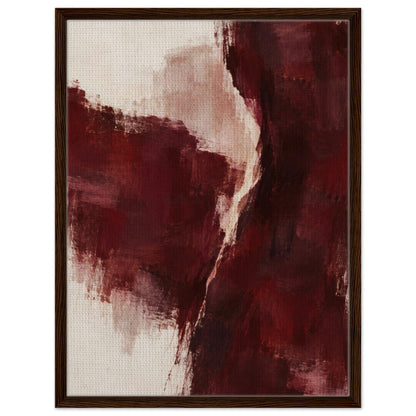 Burgundy Gesture abstract canvas in burgundy, cream and pale pink with a dark wood floating frame, front view