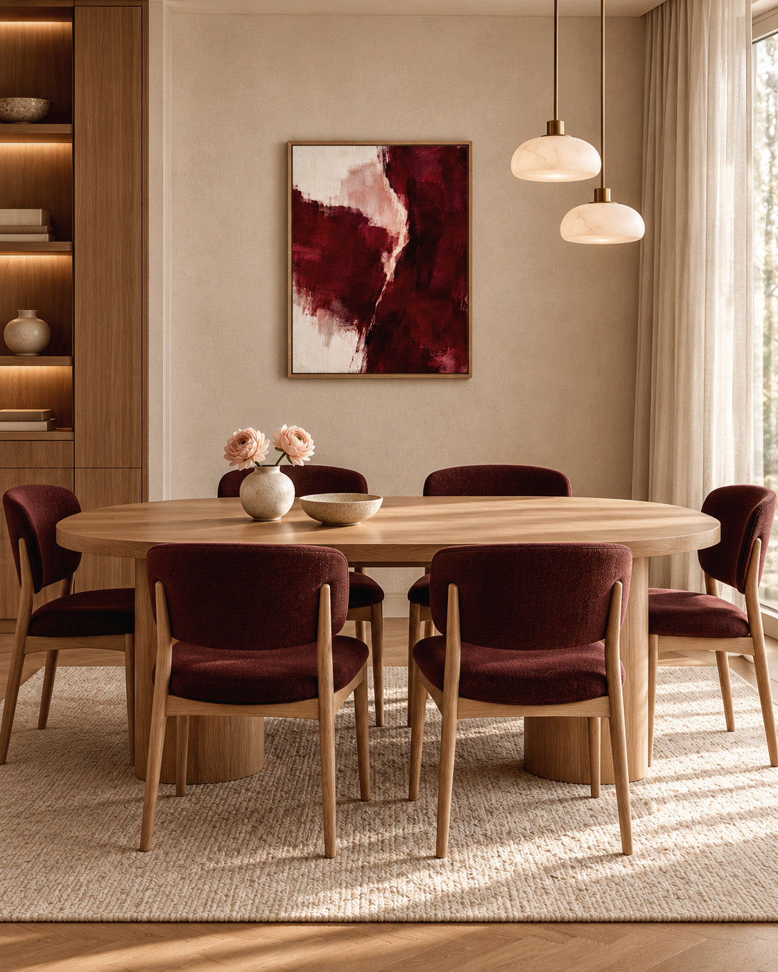 Burgundy Gesture framed abstract canvas above a wooden dining table with burgundy upholstered chairs