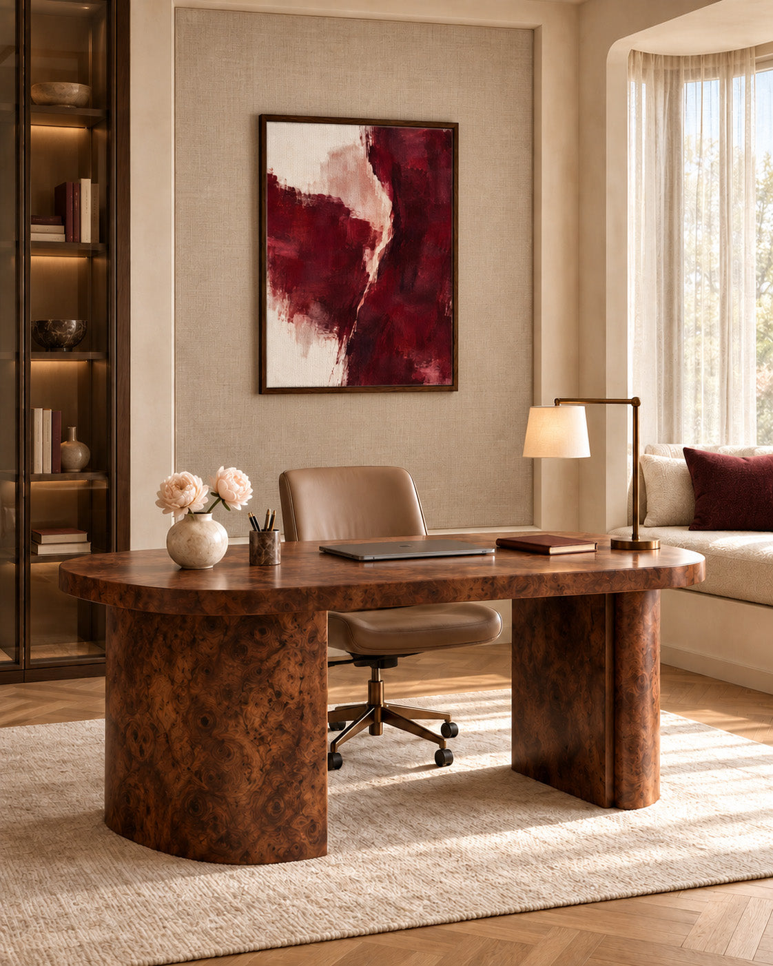 Burgundy Gesture abstract canvas in a dark wood frame above a wooden desk in a home office