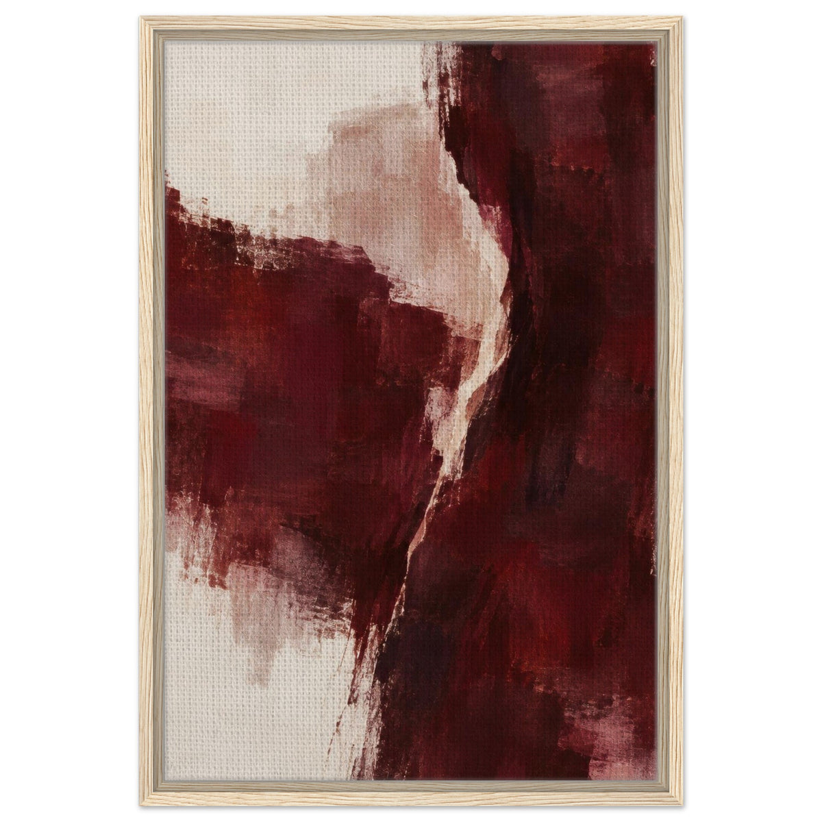 Front view of Burgundy Gesture burgundy and cream abstract canvas in a light wood floating frame